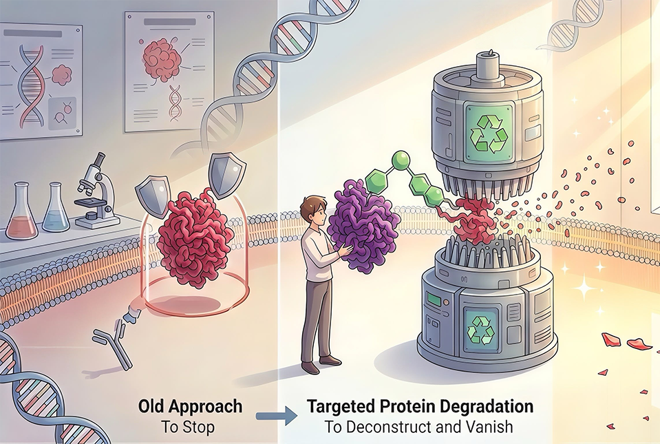 cartoon showing old and new approaches to blocking proteins