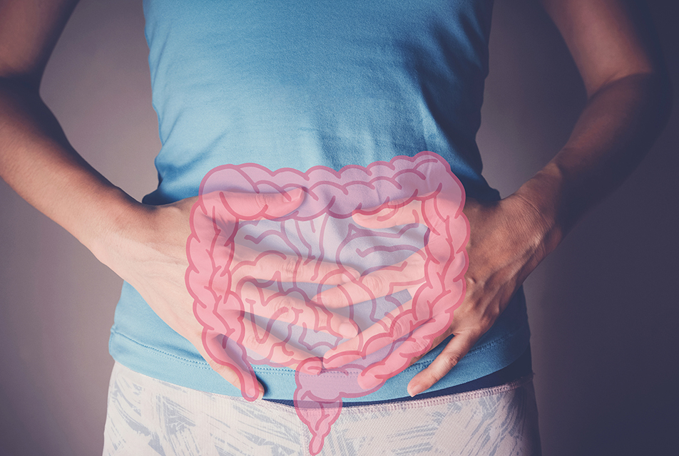 photo of woman with hands over stomach and drawing of intestines superimposed