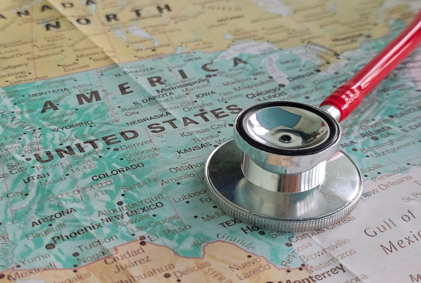 Map of the United States with a stethoscope laying on top