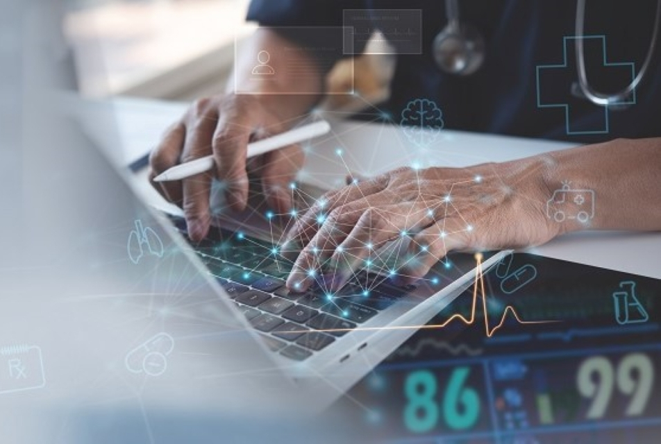 A doctor typing on a laptop, with an overlaying AI illustration 