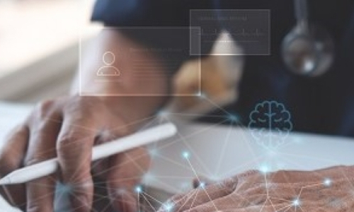 A doctor typing on a laptop, with an overlaying AI illustration 