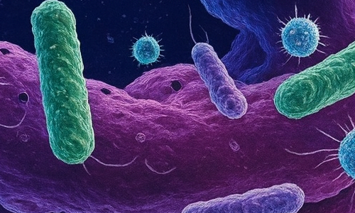 AI-generated image of intestines with microbes superimposed