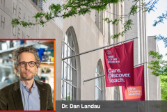 Headshot of Dr. Dan Landau overlaying a picture of a building with flags
