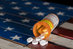 opioid pills on american flag 